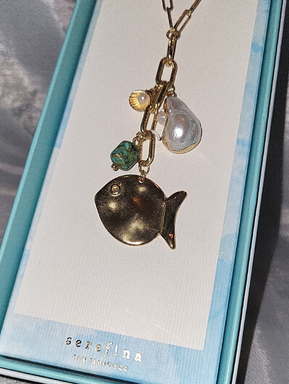 Serefina Gold Fish Charm Necklace with Turquoise & Pearl Accents 16" + 3" Rt TLm
